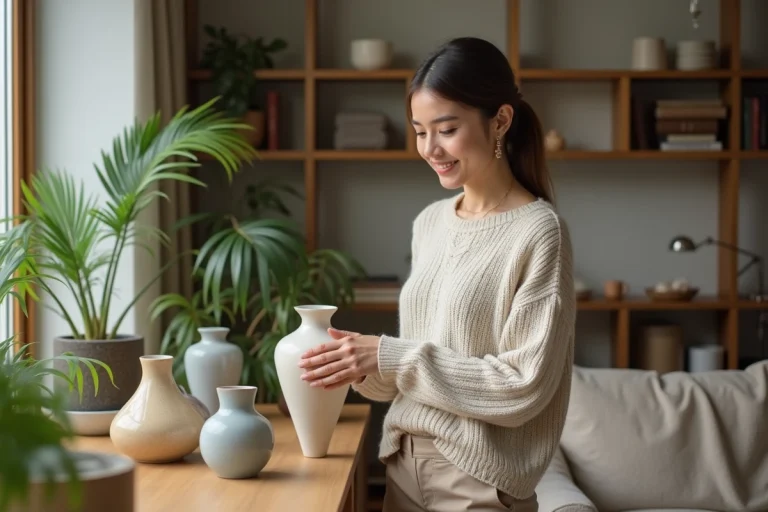Femme stylée arrangeant des vases en céramique dans un salon lumineux